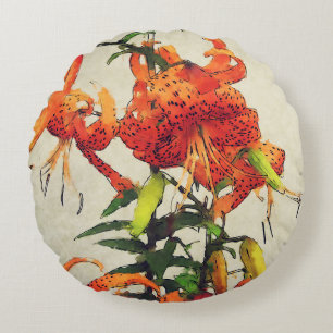 Orange Wasserfarbe Tigerlilie 1 Rundes Kissen