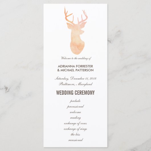 Orange Watercolor Antler Wedding Modern Program Programm (Vorderseite)