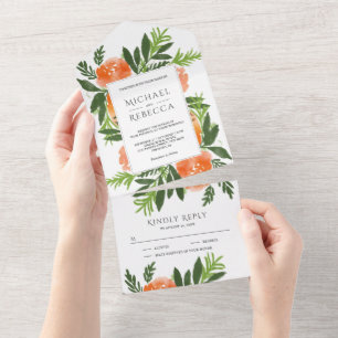 Orange Watercolor Blumengarten Hochzeitsstimmung All In One Einladung