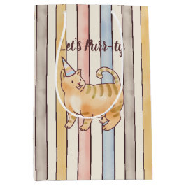 Orange Watercolor Cat, Pink, Yellow, Blue Stripes  Mittlere Geschenktüte