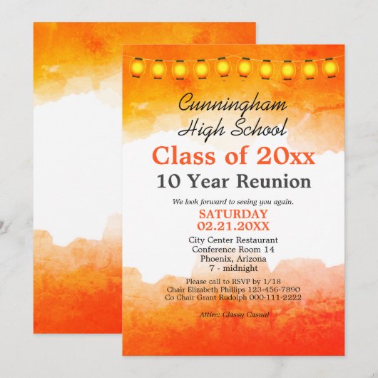 Orange Watercolor Class Wiedersehen Template Einladung (Vorne/Hinten)