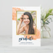 Orange Watercolor Gold Foto Graduate Grad Party Einladung (Stehend Vorderseite)