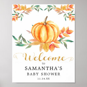 Orange Watercolor-Kürbis Goldene Herbst-Baby-Party Poster