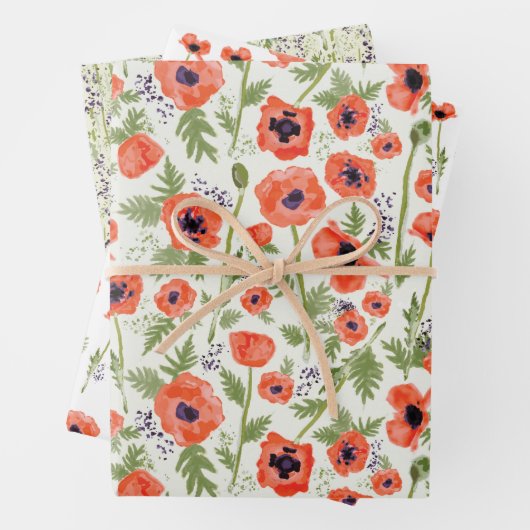 Orange Watercolor Poppies Blumenmuster Geschenkpapier Set (Beispiel)
