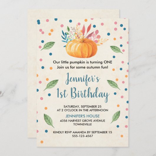 Orange Watercolor Pumpkin Birthday Einladung (Vorne/Hinten)