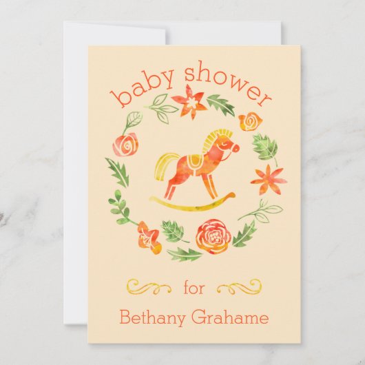 Orange Watercolor Rocking Horse Baby Dusche Einladung (Vorderseite)