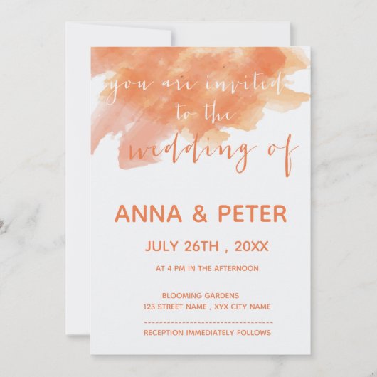 Orange Watercolor Splash Skript Hochzeit Einladung (Vorderseite)