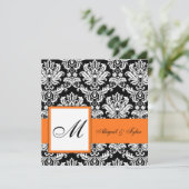 Orange Wedding Monogram Damask Einladung (Stehend Vorderseite)