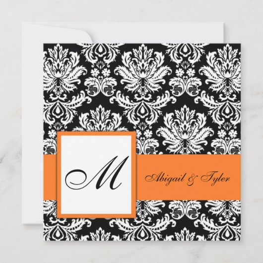 Orange Wedding Monogram Damask Einladung (Vorderseite)