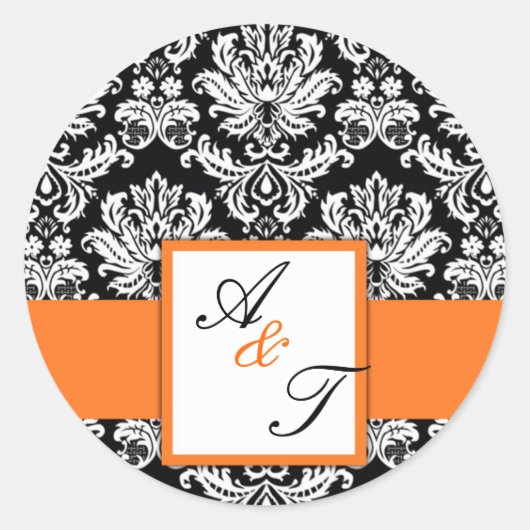 Orange Wedding Monogram Damask Siegel Runder Aufkleber (Vorderseite)