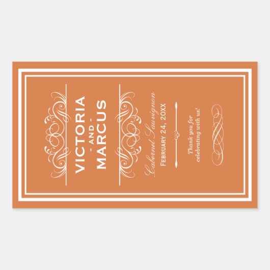 Orange Wedding Wine Bottle Monogram Fevor Labels Rechteckiger Aufkleber (Vorderseite)