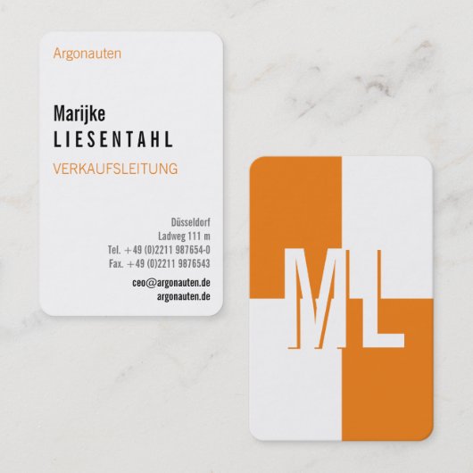 Orange weiß Monogram Hochformat Visitenkarte (Vorne/Hinten)