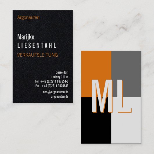 Orange weiß Monogram Hochformat Visitenkarte (Vorne/Hinten)