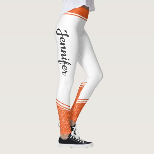 Orange & weiße, blumenweiße Streifen und Name mode Leggings (Rechts)