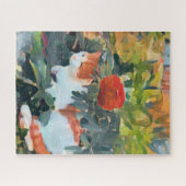 Orange/weiße Katze unter einem blühenden Busch Puzzle (Horizontal)