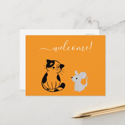 Orange Welcome Postcard mit Cat & Mouse Postkarte (Vorderseite/Rückseite Beispiel)