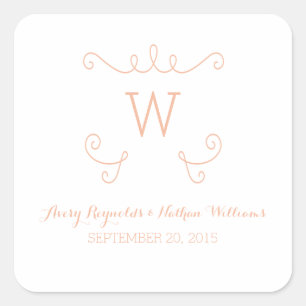 Orange Whimsical Blüh Monogram Wedding Quadratischer Aufkleber