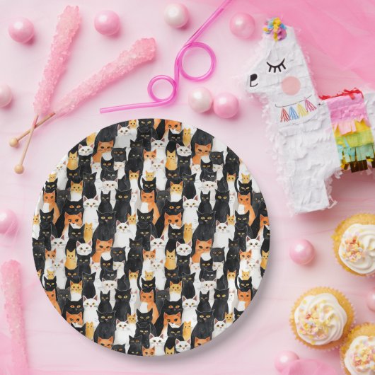 Orange White Black Cats Halloween Pappteller (Party)
