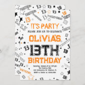 Orange White Boy Number Thirteen Birthday Party Einladung (Vorne/Hinten)