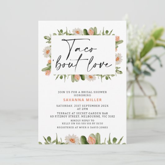 Orange White Cactus Taco 'bout Liebe Couples Dusch Einladung (Stehend Vorderseite)