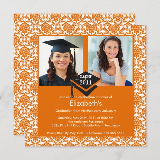 Orange & White Damask Foto Abschluss Einladung (Vorne/Hinten)