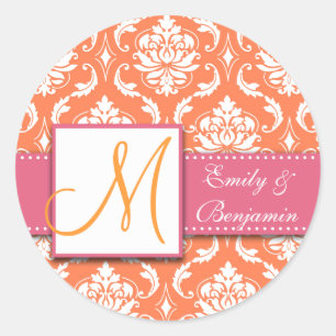 Orange White Damask Wedding Gefallen Sticker Pink