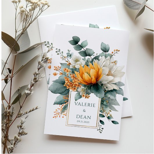 Orange White Floral Eucalyptus Gold Frame Einladung