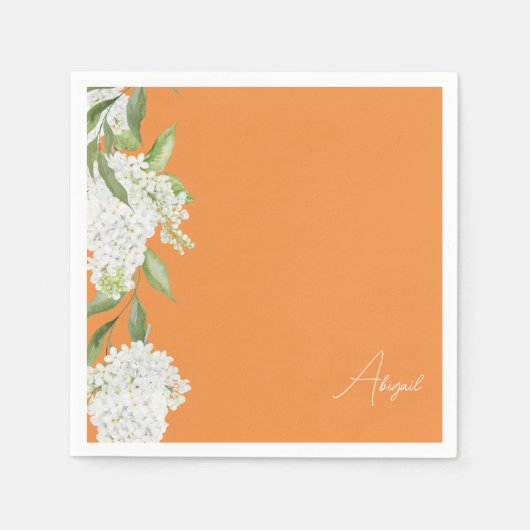 Orange White Floral Script Name Brautparty Serviette (Vorderseite)