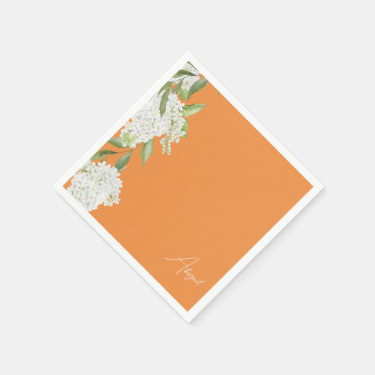 Orange White Floral Script Name Brautparty Serviette (Ecke)