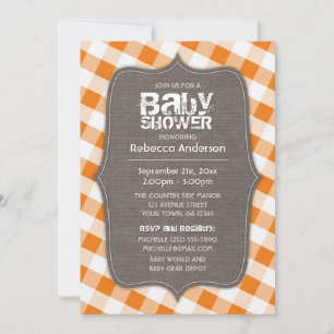 Orange & White Gingham Leinwand Babydusche Einladung