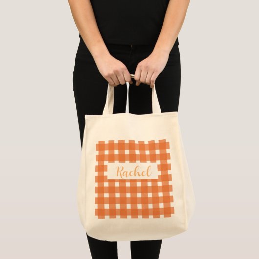 Orange White Gingham Personalisiert Tragetasche (Vorderseite (Produkt))