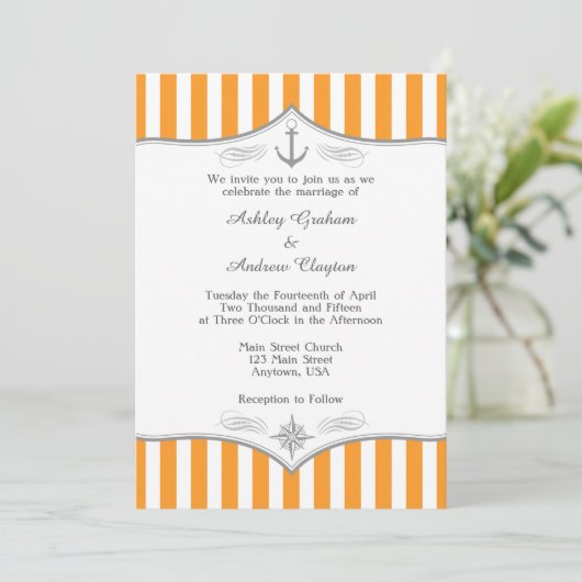 Orange White Gray Nautical Wedding Einladung (Stehend Vorderseite)
