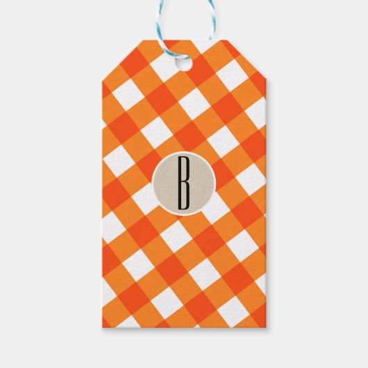Orange White Kariert Kraft Rustic Monogram Initial Geschenkanhänger (Vorderseite)