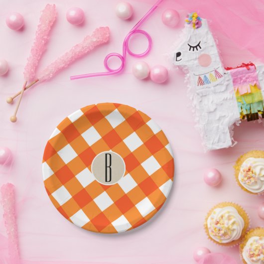 Orange White Kariert Kraft Rustic Monogram Initial Pappteller (Party)