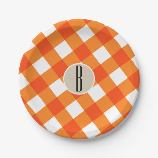 Orange White Kariert Kraft Rustic Monogram Initial Pappteller (Vorderseite)