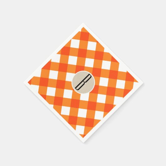 Orange White Kariert Kraft Rustic Monogram Initial Serviette (Ecke)