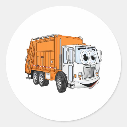 Orange White Lächeln Garbage Truck Cartoon Runder Aufkleber (Vorderseite)