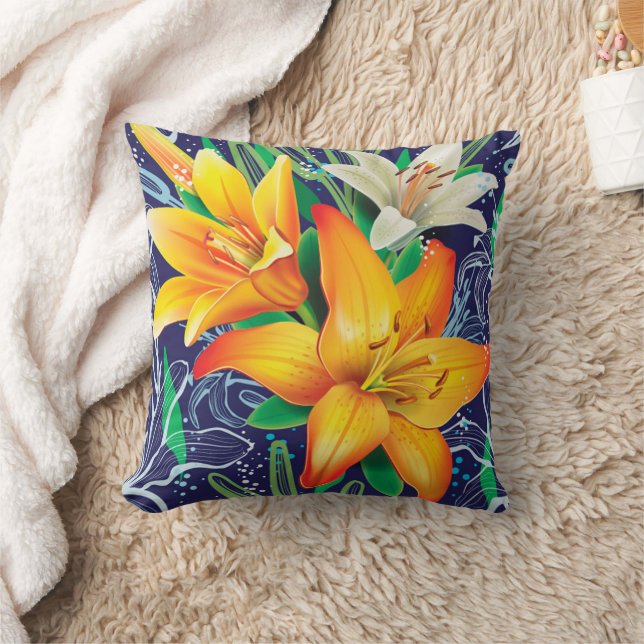 Orange White Lilies Floral Navy Blue Throw Kissen (Decke)