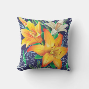Orange White Lilies Floral Navy Blue Throw Kissen