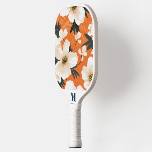 Orange White Navy Blue Blume Modern Monogram Pickleball Schläger (Links)
