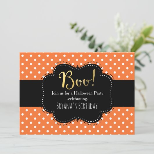 Orange & White Polka Dot Halloween Einladungen (Stehend Vorderseite)