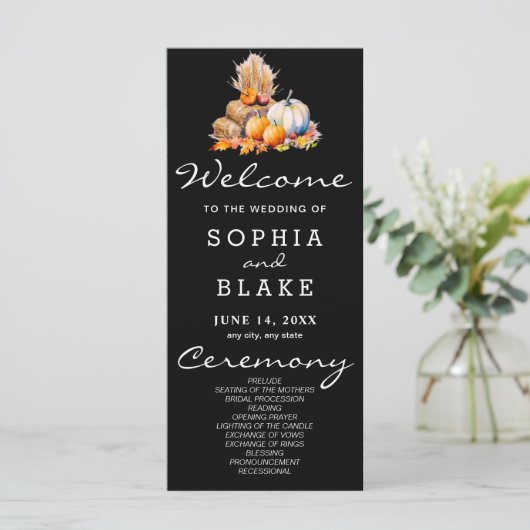 Orange & White Pumpkins Fall Black Wedding Program (Stehend Vorderseite)