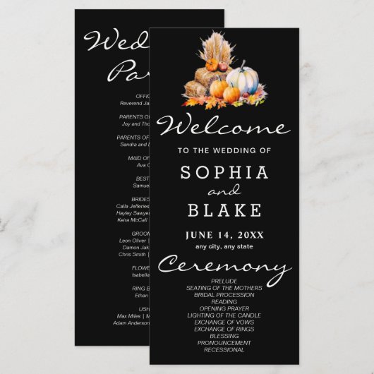 Orange & White Pumpkins Fall Black Wedding Program (Vorne/Hinten)