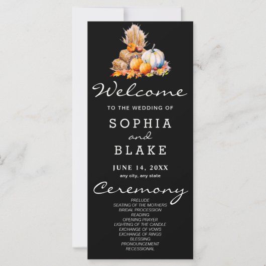 Orange & White Pumpkins Fall Black Wedding Program (Vorderseite)