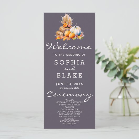 Orange & White Pumpkins Fall Gray Wedding Program (Stehend Vorderseite)