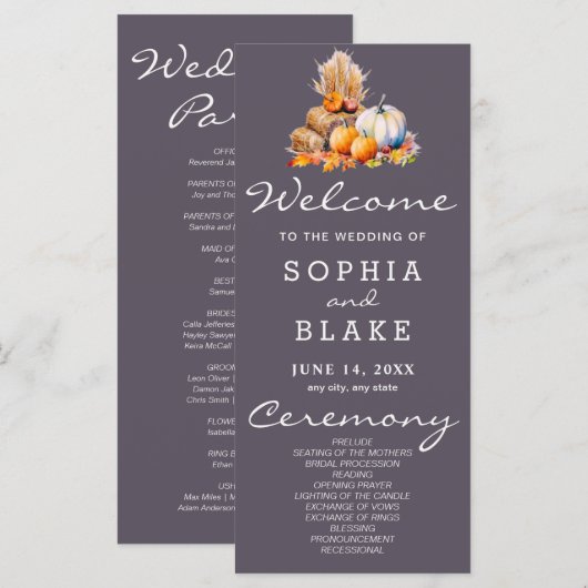 Orange & White Pumpkins Fall Gray Wedding Program (Vorne/Hinten)