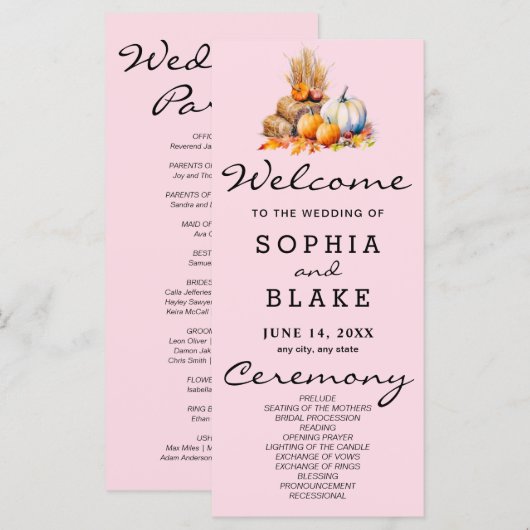 Orange & White Pumpkins Fall Pink Wedding Program (Vorne/Hinten)