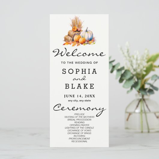 Orange & White Pumpkins Fall White Wedding Program (Stehend Vorderseite)
