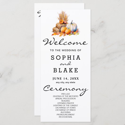 Orange & White Pumpkins Fall White Wedding Program (Vorne/Hinten)