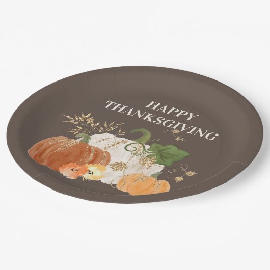 Orange White Pumpkins Gold Glitzer Erntedank Pappteller (Schrägansicht)